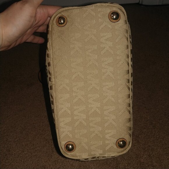 Michael Kors Tan MK Logo Canvas Shoulder Bag W/Brown Leather Trim - Medium Sized - Picture 6 of 15